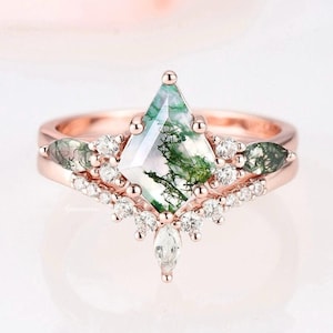 Skye Kite Green Moss Agate Ring- 14K Rose Gold Vermeil Natural Agate Engagement Ring- Promise Ring Green Gemstone Anniversary Gift For Her