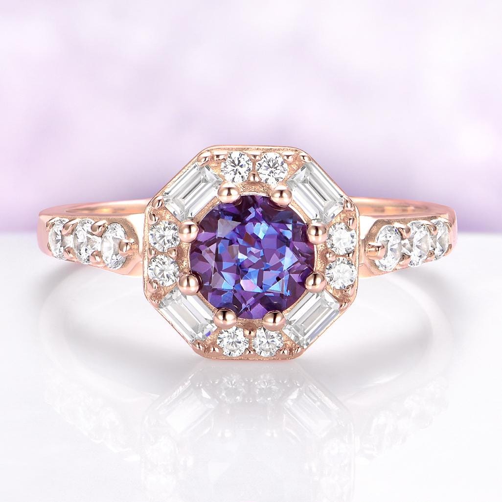 Hexagon Alexandrite Engagement Ring Rose Gold Halo Ring Color Changing ...