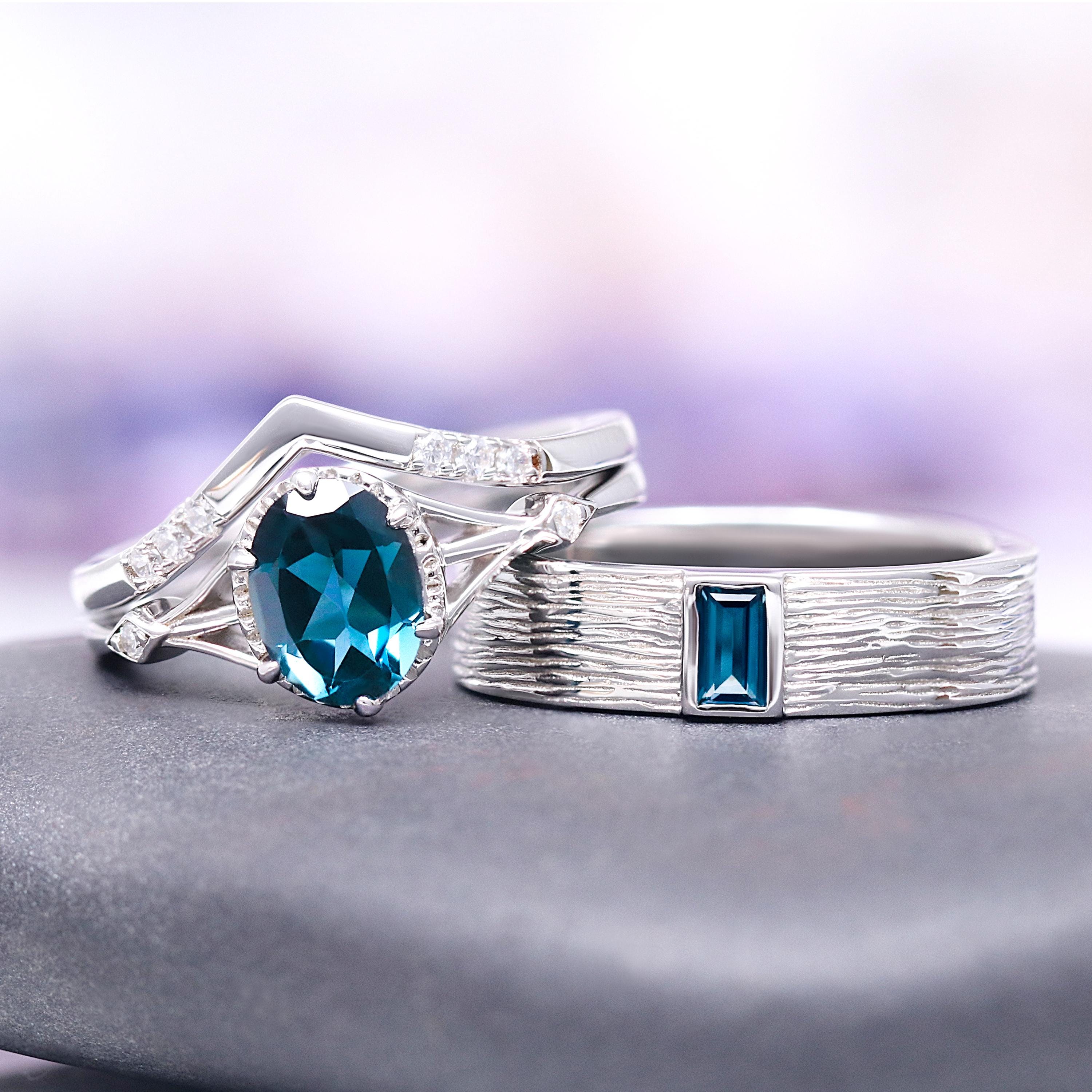 Natural London Blue Topaz Couples Ring Set- His and Hers Wedding