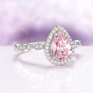 Teardrop Morganite Engagement Ring in 925 Sterling Silver- Unique Art Deco Vintage Blush Pink Promise Ring Anniversary Birthday Gift For Her