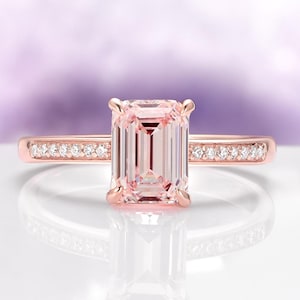 Emerald Cut Morganite Engagement Ring, Peach Pink Rose Gold Ring, Rectangular Morganite Bridal Ring, 1.7ct Blush Stone