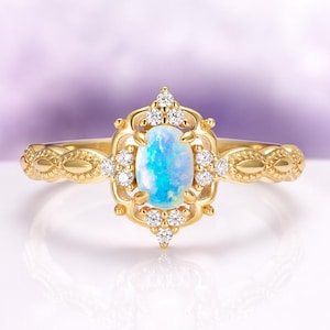 Natural Australian Opal Ring-14K Yellow Gold Vermeil Engagement Promise Ring For Women October Birthstone- Anniversary Birthday Gift For Her