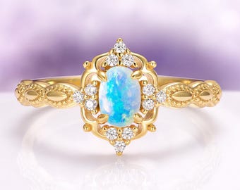 Natural Australian Opal Ring-14K Yellow Gold Vermeil Engagement Promise Ring For Women October Birthstone- Anniversary Birthday Gift For Her
