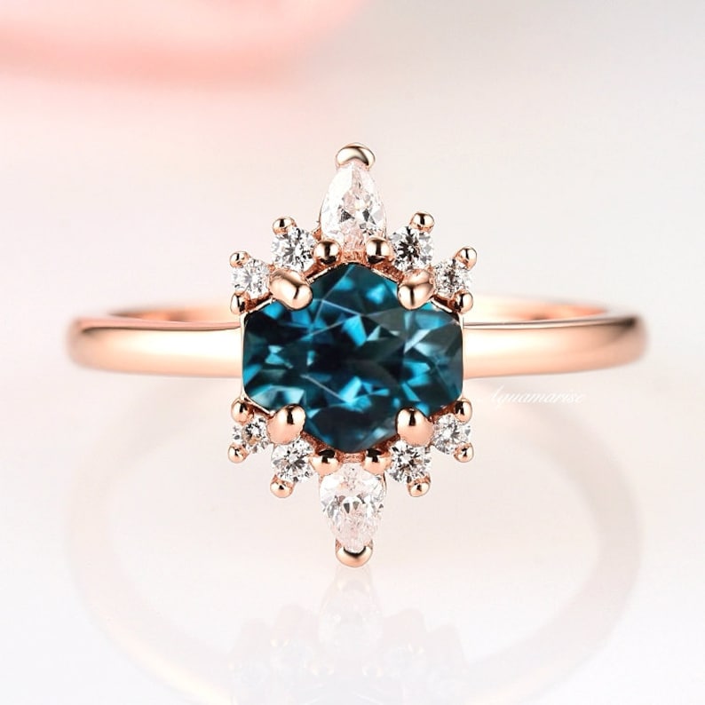 Hexagon London Blue Topaz Ring 14K Rose Gold Vermeil Topaz Engagement Rings For Woman Dainty Promise Ring November Birthstone Gift For Her image 1