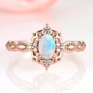 Vintage Natural Opal Ring- 14K Rose Gold Vermeil Australian Opal Engagement Ring For Women October Birthstone Jewelry- Birthday Gift For Her
