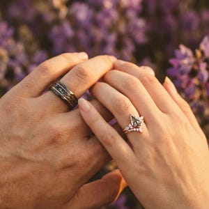 Galaxy Salt & Pepper Diamond, Meteorite Couples Ring Set- His and Hers Cosmic Wedding Bands Rose Gold Vermeil Tungsten Matching Promise Ring image 5