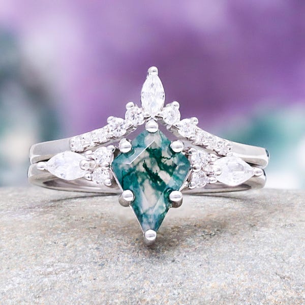 Kite Moss Agate Engagement Ring Sterling Silver Nature Inspired Promise Ring
