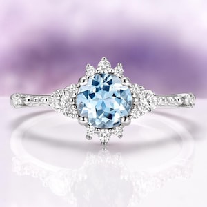 Vintage Aquamarine Engagement Ring in 925 Sterling Silver- Round Cut Dainty Promise Ring- March Birthstone Jewelry- Anniversary Gift For Her