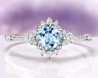 Vintage Aquamarine Engagement Ring in 925 Sterling Silver- Round Cut Dainty Promise Ring- March Birthstone Jewelry- Anniversary Gift For Her