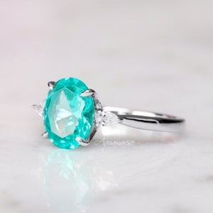 Oval Paraiba Tourmaline Ring Sterling Silver Engagement Ring For Women Promise Ring Neon Turquoise Teal Gemstone Ring October Birthstone image 3