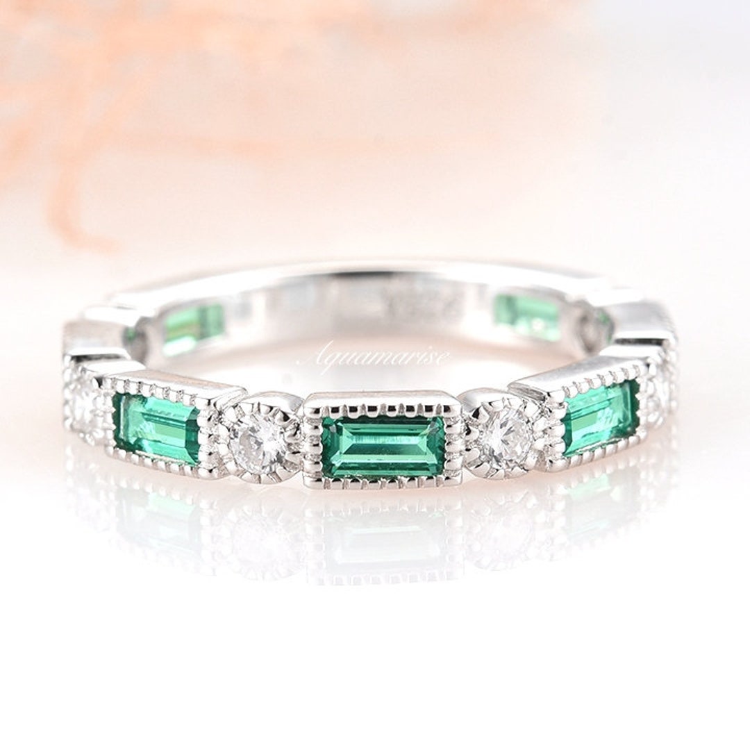 Ari Milgrain Design Emerald Wedding Band Sterling Silver - Etsy