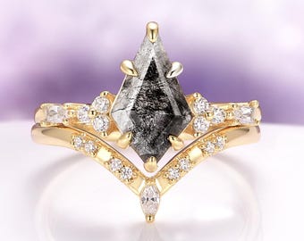 Salt & Pepper Herkimer Diamond Ring Set – Kite Cut Vermeil Engagement Ring