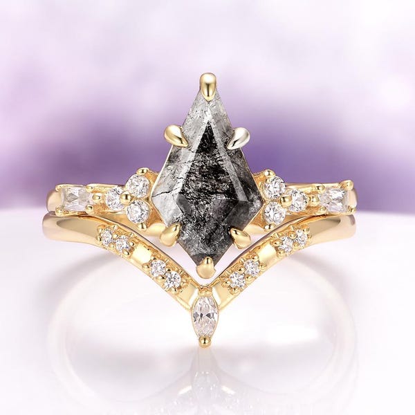 Salt & Pepper Herkimer Diamond Ring Set – Kite Cut Vermeil Engagement Ring