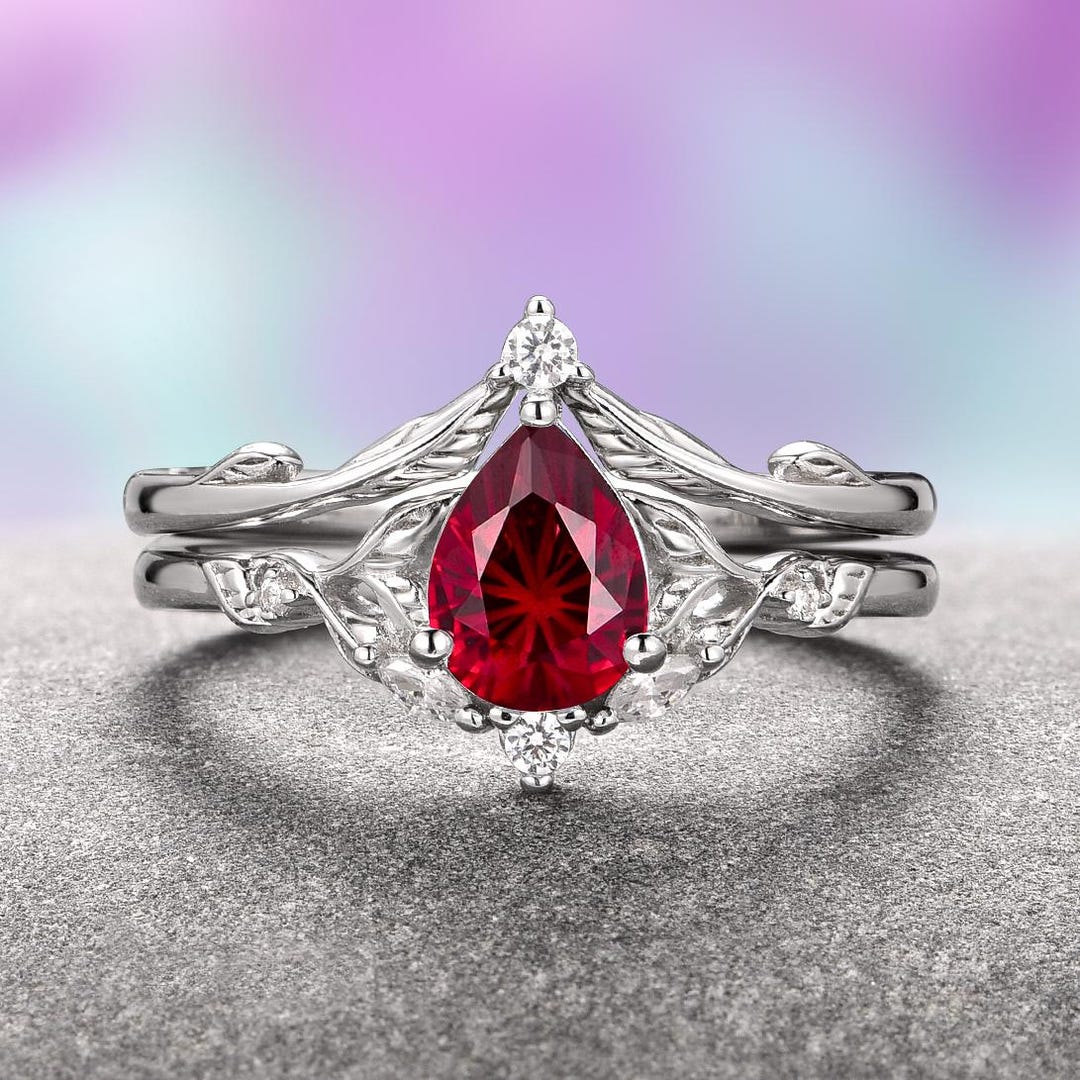 Teardrop Ruby Ring Set- 925 Sterling Silver Fantasy Cut Lab Grown Ruby ...