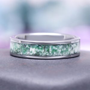 Green Moss Agate Men&#39;s Wedding Band- Natural Crushed Agate Tungsten 6MM Earthy Wedding Band Comfort Fit Ring- Anniversary Gift For Him