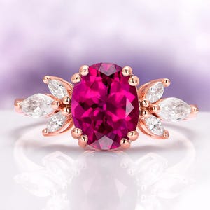Oval Ruby Engagement Ring in 14K Rose Gold Vermeil-Vintage Flower Lotus Lab Grown Ruby Promise Ring- Unique July Birthstone- Gift For Her