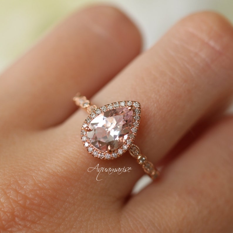 Vintage Teardrop Morganite Ring 14K Rose Gold Vermeil Morganite Engagement Ring For Women Promise Ring Anniversary Birthday Gift For Her image 3