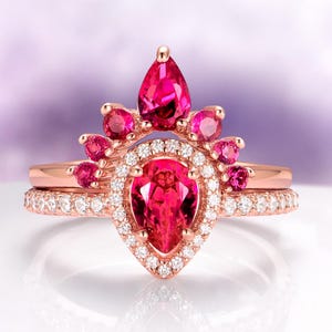 Lab-Grown Teardrop Ruby Ring Set- 14K Rose Gold Vermeil- Genuine Ruby Engagement Ring Set- Promise Ring- July Birthstone-  Gift For Her