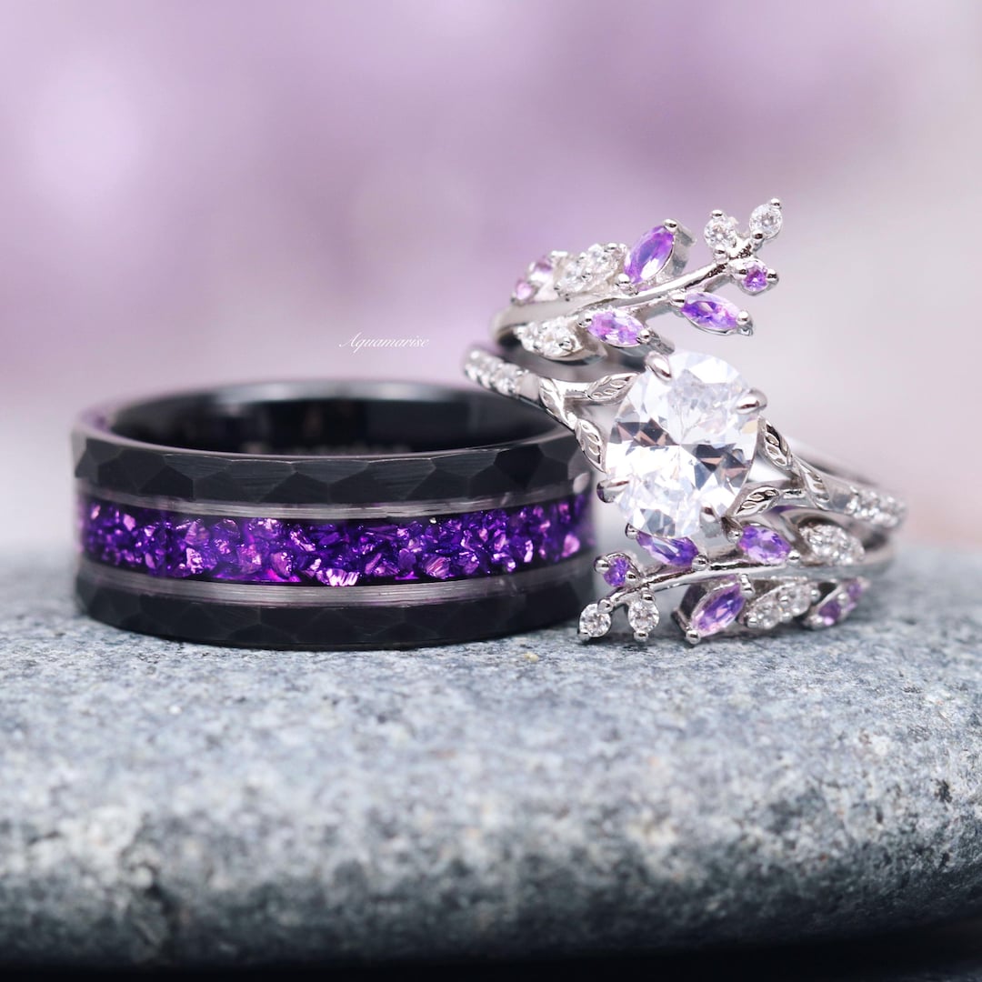 Amethyst & Diamond Leaf Couples Ring- His and Hers Ring Set
