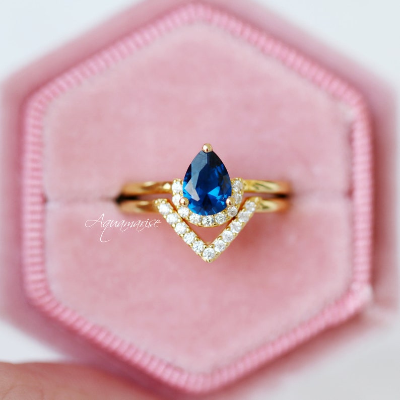 Wedding Ring Set September Birthstone Engagement Promise Ring Anniversary Gift Pear Sapphire Ring Set 14K Yellow Gold Vermeil Ring Set