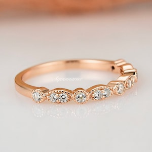 Vintage Diamond Wedding Band 14K Rose Gold Vermeil Engagement Ring For Women Dainty Promise Ring Art Deco Anniversary Birthday Gift For Her image 4