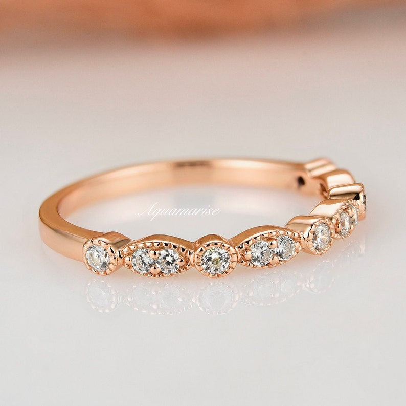 Vintage Diamond Wedding Band 14K Rose Gold Vermeil Engagement Ring For Women Dainty Promise Ring Art Deco Anniversary Birthday Gift For Her image 4