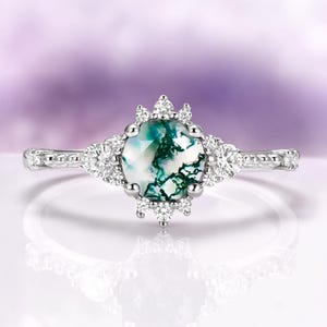 Green Moss Agate Engagement Ring in 925 Sterling Silver- Round Cut Alternative Vintage Promise Ring- Nature Inspired Leaf Spring Court Ring