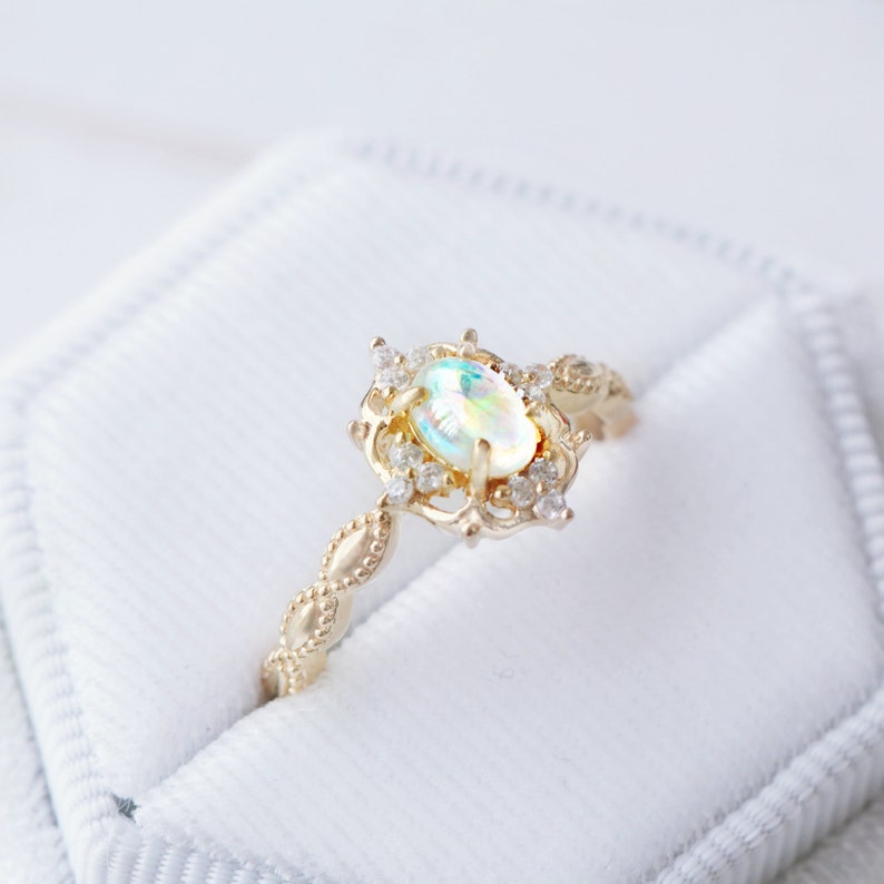 Vintage Natural Opal Ring-14K Yellow Gold Vermeil Ring Engagement Promise Ring October Birthstone-Elegant Anniversary Birthday Gift For Her 