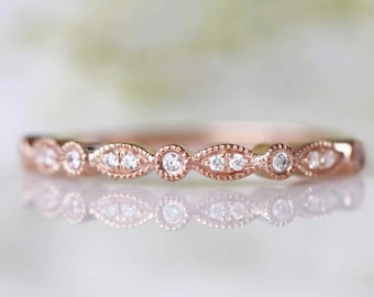 Vintage Diamond Wedding Band- 14K Rose Gold Vermeil Engagement Ring For Women Dainty Promise Ring Art Deco Anniversary Birthday Gift For Her