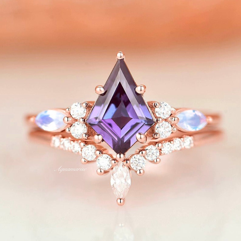 Skye Kite Alexandrite Ring Set- Alexandrite & Moonstone Engagement Ring- 14K Rose Gold Vermeil Ring June Birthstone Anniversary Gift For Her 