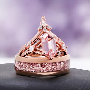 Morganite Mens Wedding Band Rose Gold Tungsten 8mm Crushed Pink Stone Inlay image 6