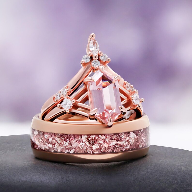 Morganite Mens Wedding Band Rose Gold Tungsten 8mm Crushed Pink Stone Inlay image 6