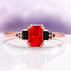 Red Fire Opal & Black Diamond Ring- 14K Rose Gold Vermeil Minimalist Unique Engagement Ring For Women- Promise Ring Anniversary Gift For Her