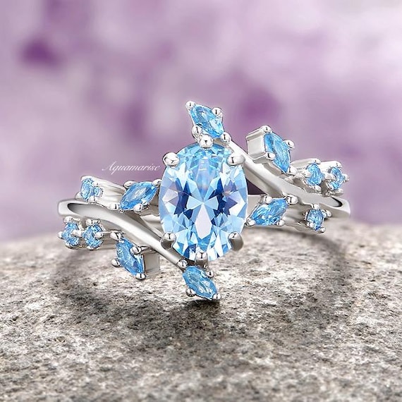 Aquamarine Leaf Ring 925 Sterling Silver Ice Blue Fairy Engagement Ring for Women Unique Promise Ring Anniversary Gift for Her Etsy