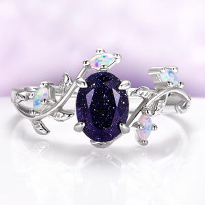 Galaxy Sandstone Engagement Ring – Orion Nebula Ring in Sterling Silver with Fire Opal Leaf Accents, Celestial Fantasy Jewelry