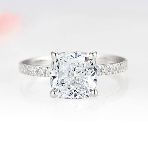 3CT Cushion Cut Diamond Engagement Ring 14K White Gold Ring Hidden
