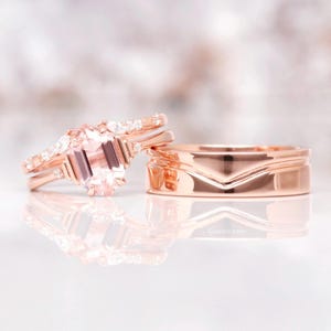 Morganite Couples Ring Set- His and Hers Wedding Band- Crushed Morganite Rose Gold Ring- Unique Matching Couples Promise Ring- Pink Gemstone