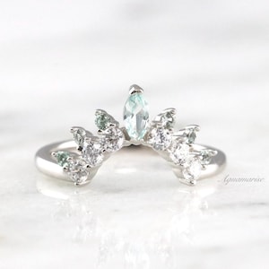 Mint Green Sapphire & Diamond Wedding Band- Sterling Silver Curved Ring- Marquise Cut Contour Band Crown Stackable Wedding Ring Gift For Her