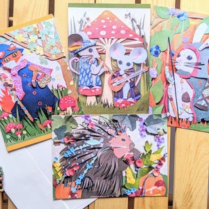 Fantasy Forest Greeting Cards — Paper Cut and Collage Designs — 4 Blank Greeting Cards