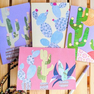 Cactus Greeting Cards — Paper Cut and Collage Designs — 4 Blank Greeting Cards