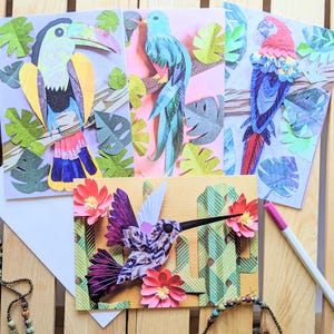 Tropical Birds Cards — Paper Cut and Collage Parrot - Toucan - Quetzal - Hummingbird Designs — 4 Blank Greeting Cards