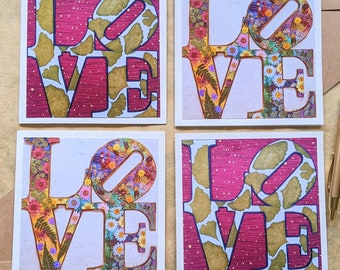 Retro Love Greeting Cards — Paper Cut and Collage Designs — 4 Blank Greeting Cards