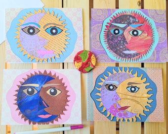 Sun and Moon Eclipse Greeting Cards — Paper Cut and Collage Designs — 4 Blank Greeting Cards