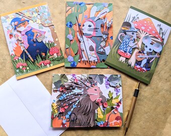 Fantasy Forest Greeting Cards — Paper Cut and Collage Designs — 4 Blank Greeting Cards