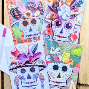 Mexican Catrinas Skulls Greeting Cards — Day of the Dead Paper Cut and Collage Designs — 4 Blank Greeting Cards