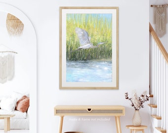 Bathroom Art, March Painting, Heron Painting, Marsh Prints, Heron Prints, Bathroom Beach Art, Heron in the Marsh