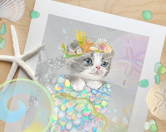 Meerjungfrau-Babyparty, Meerjungfrau-Kinderzimmer-Dekor, Geschenke für Katzenliebhaber, Badezimmer-Dekor, Katzen-Meerjungfrau-Kunst, Kinderzimmer-Kätzchen-Kunst,