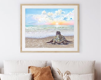 Sunrise Prints, Sea Turtle Art Prints, Beach Art, Coastal Bathroom Decor, Living Room decor, Sea Turtle Prints, Whimsical Art, Colorful Art