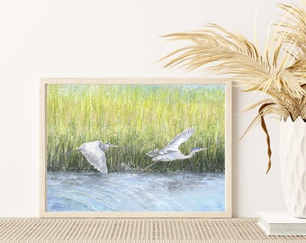 Marsh Paintings, Heron Art, Bathroom Decor, Coastal Bathroom Prints, Heron Painting, Marsh Birds Art, Heron Prints, Coastal Bathroom Art