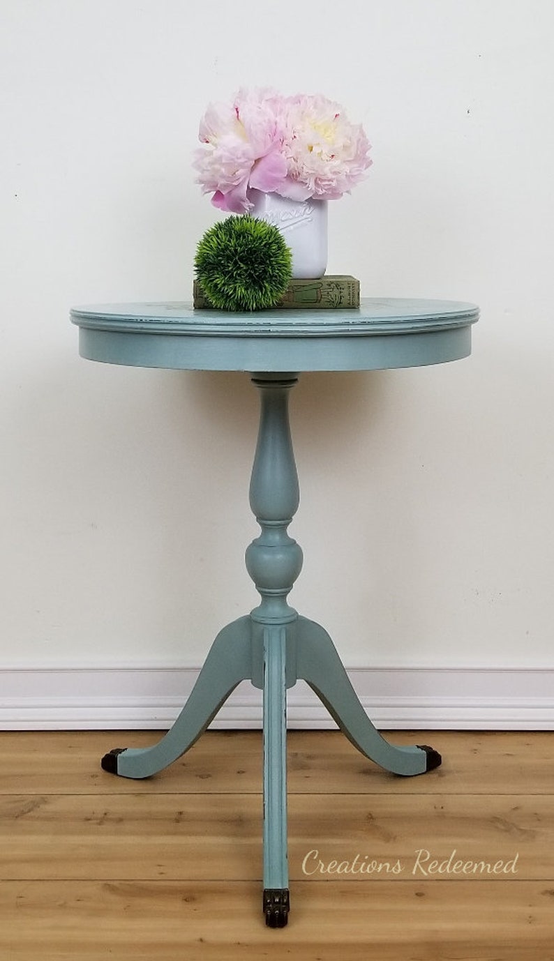 Blue Accent Table Vintage Side Round Living Room Bedside Entryway